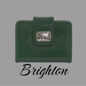 BRIGHTON Dark Green Patent Leather Bifold Wallet with Green Leather Interior